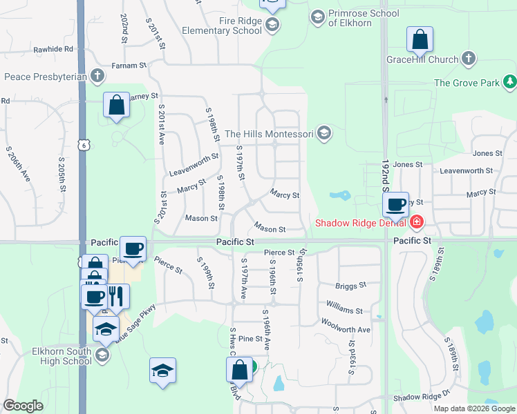 map of restaurants, bars, coffee shops, grocery stores, and more near 19639 Mayberry Street in Omaha