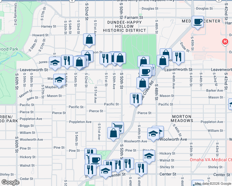 map of restaurants, bars, coffee shops, grocery stores, and more near 867 South 50th Avenue in Omaha