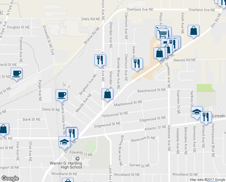 map of restaurants, bars, coffee shops, grocery stores, and more near 1464 Sheridan Avenue Northeast in Warren