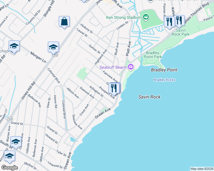 map of restaurants, bars, coffee shops, grocery stores, and more near 33 Grove Place in West Haven