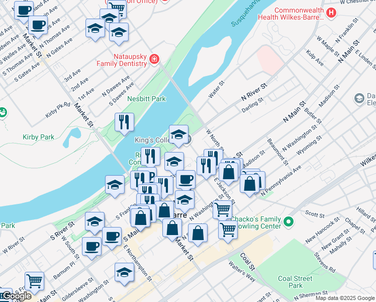 map of restaurants, bars, coffee shops, grocery stores, and more near 133 North River Street in Wilkes-Barre