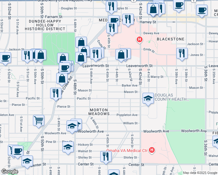 map of restaurants, bars, coffee shops, grocery stores, and more near 4425 Barker Avenue in Omaha