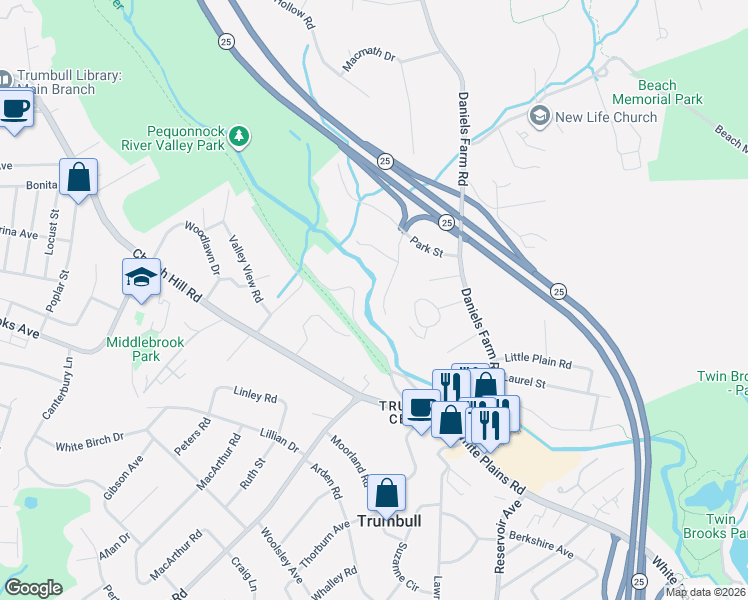 map of restaurants, bars, coffee shops, grocery stores, and more near 26 Riverbend Road in Trumbull