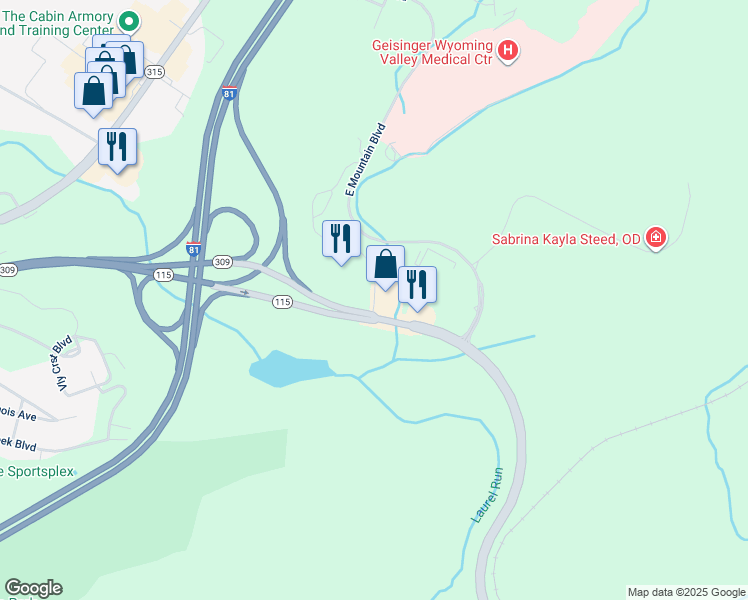 map of restaurants, bars, coffee shops, grocery stores, and more near 452-456 Wildflower Dr in Wilkes-Barre