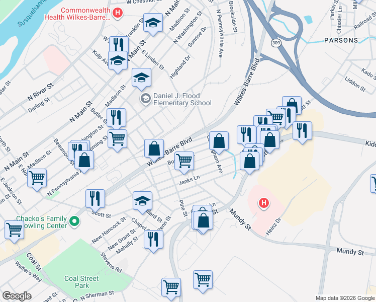 map of restaurants, bars, coffee shops, grocery stores, and more near 16 Laurel Street in Wilkes-Barre