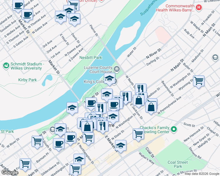 map of restaurants, bars, coffee shops, grocery stores, and more near in Wilkes-Barre