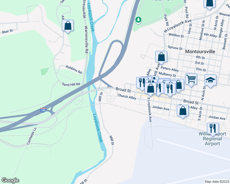 map of restaurants, bars, coffee shops, grocery stores, and more near 101-167 Church Alley in Montoursville