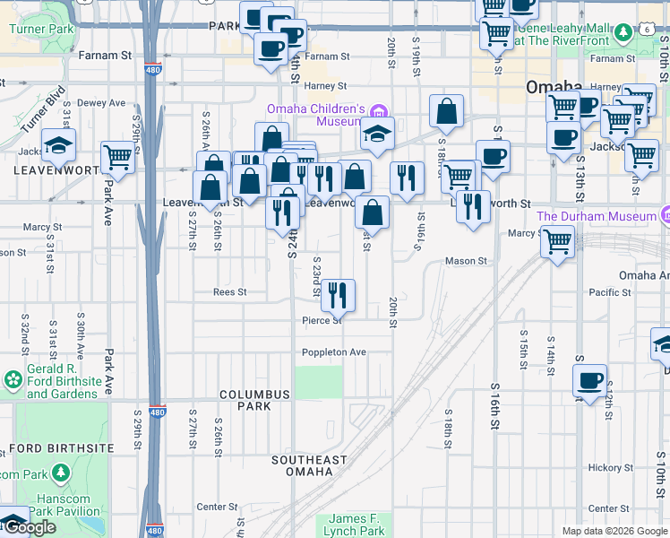 map of restaurants, bars, coffee shops, grocery stores, and more near 1015 South 22nd Street in Omaha