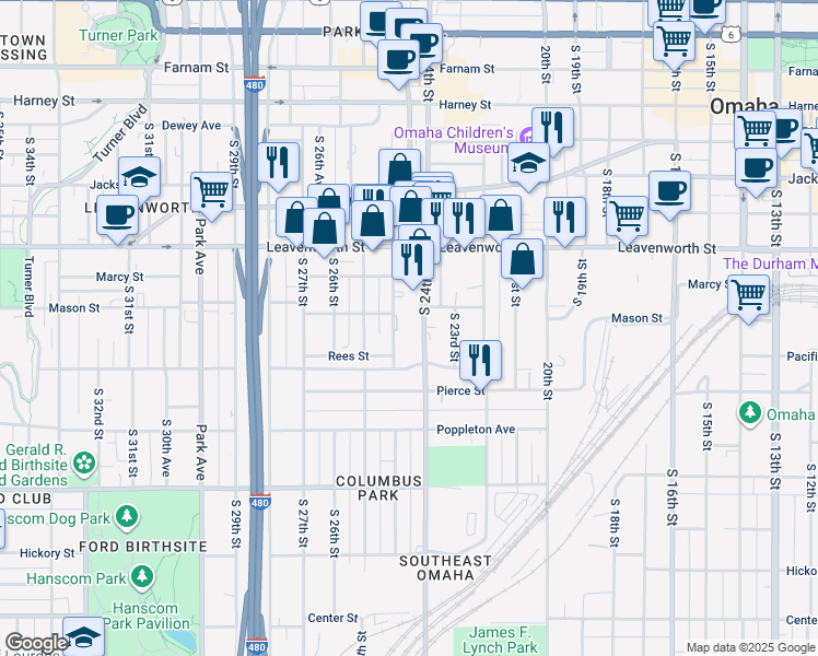 map of restaurants, bars, coffee shops, grocery stores, and more near 1012 South 24th Street in Omaha