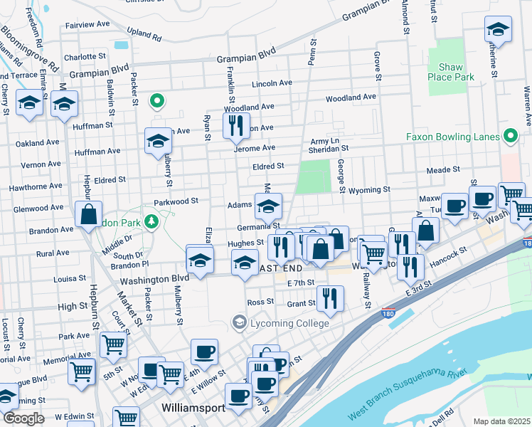 map of restaurants, bars, coffee shops, grocery stores, and more near 931 Mary Street in Williamsport