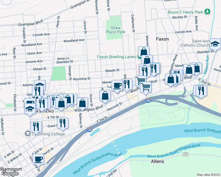 map of restaurants, bars, coffee shops, grocery stores, and more near 822-998 Chestnut Street in Williamsport