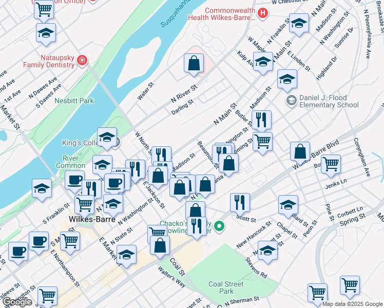 map of restaurants, bars, coffee shops, grocery stores, and more near 70 Madison Street in Wilkes-Barre