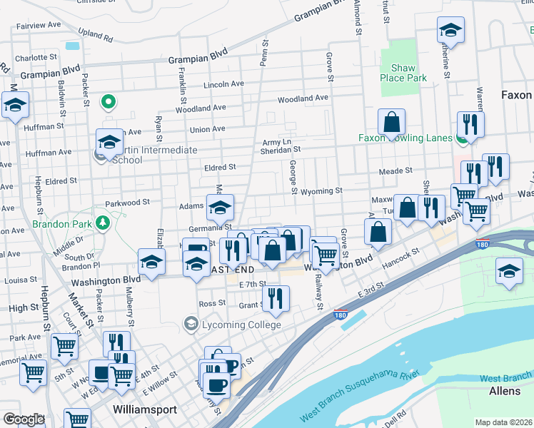 map of restaurants, bars, coffee shops, grocery stores, and more near 1015 Garden Street in Williamsport