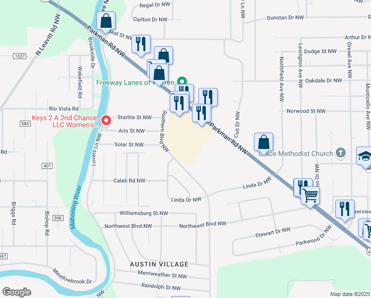 map of restaurants, bars, coffee shops, grocery stores, and more near 2485 Parkman Road Northwest in Warren