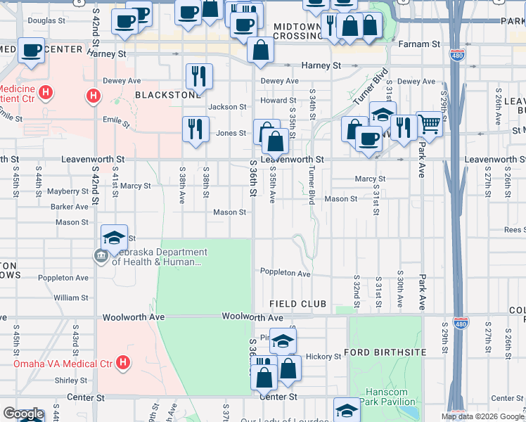 map of restaurants, bars, coffee shops, grocery stores, and more near 927 1/2 South 36th Street in Omaha