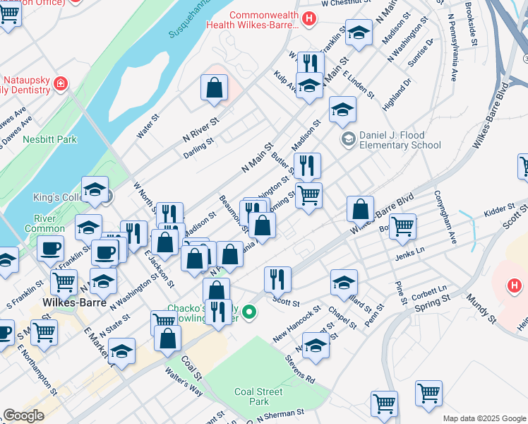 map of restaurants, bars, coffee shops, grocery stores, and more near 148 Wyoming Street in Wilkes-Barre