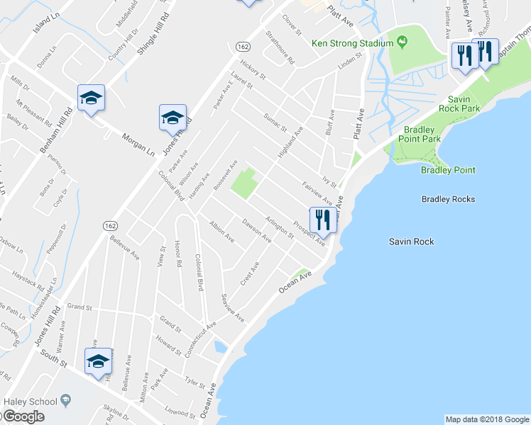 map of restaurants, bars, coffee shops, grocery stores, and more near 119 Arlington Street in West Haven