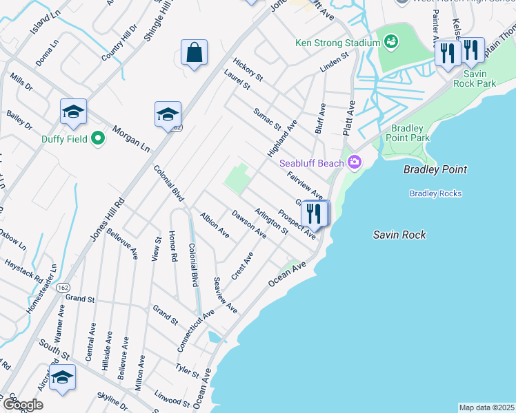 map of restaurants, bars, coffee shops, grocery stores, and more near 119 Arlington Street in West Haven