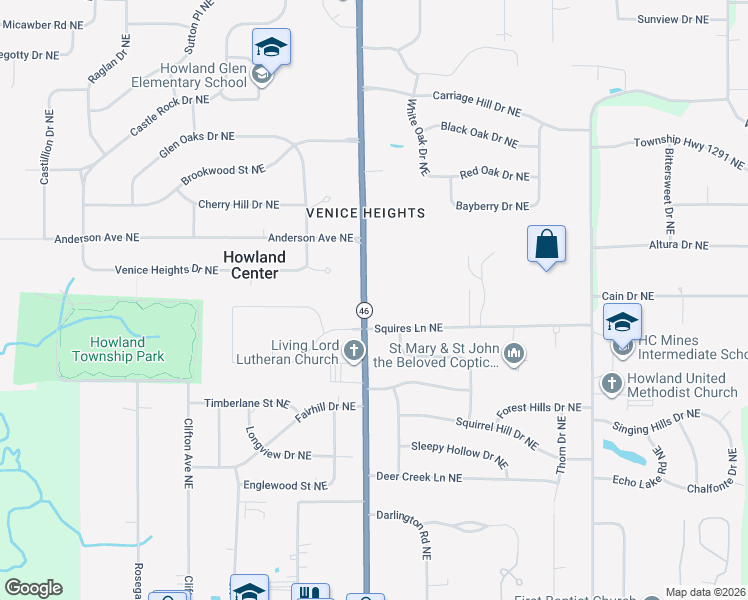 map of restaurants, bars, coffee shops, grocery stores, and more near 1064 Niles Cortland Road Northeast in Warren