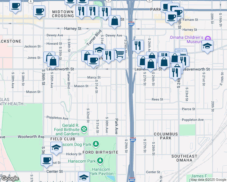 map of restaurants, bars, coffee shops, grocery stores, and more near 1026 Park Avenue in Omaha