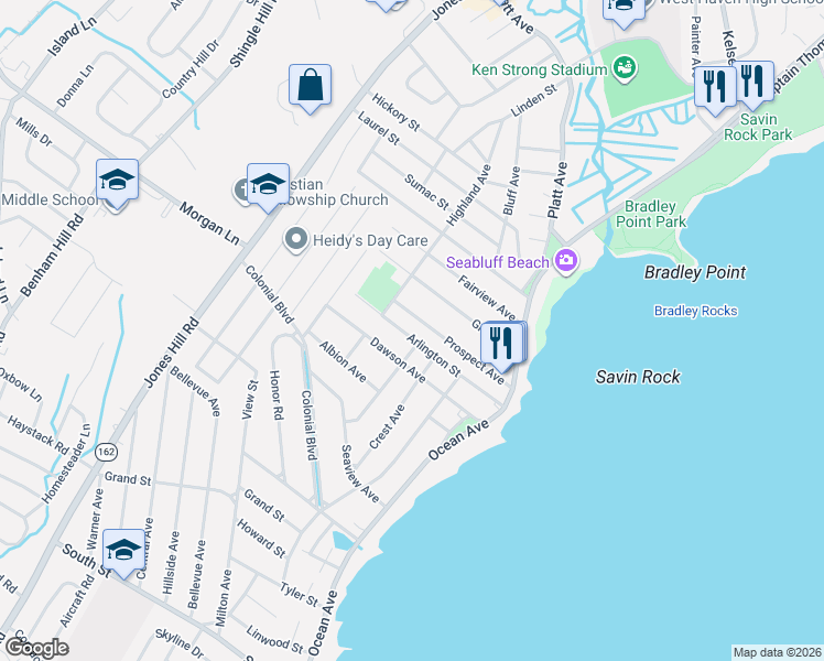 map of restaurants, bars, coffee shops, grocery stores, and more near 119 Arlington Street in West Haven
