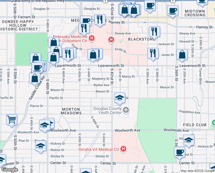 map of restaurants, bars, coffee shops, grocery stores, and more near 4215 Barker Avenue in Omaha