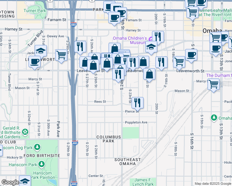 map of restaurants, bars, coffee shops, grocery stores, and more near 1012 South 24th Street in Omaha