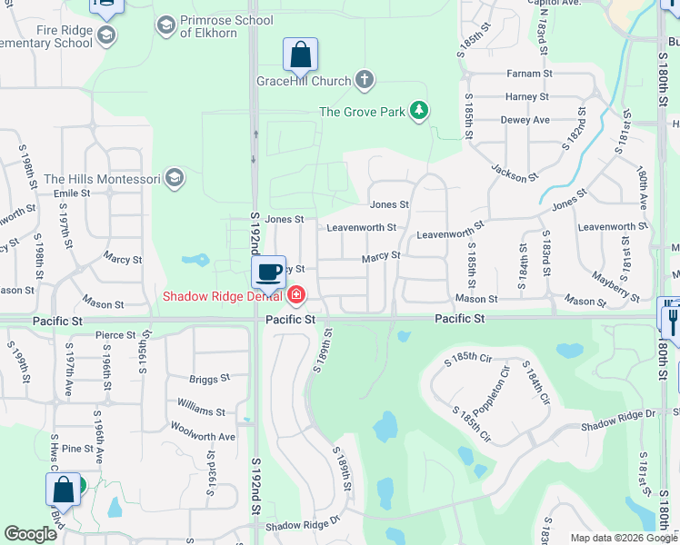 map of restaurants, bars, coffee shops, grocery stores, and more near 18882 Mayberry Plaza in Omaha