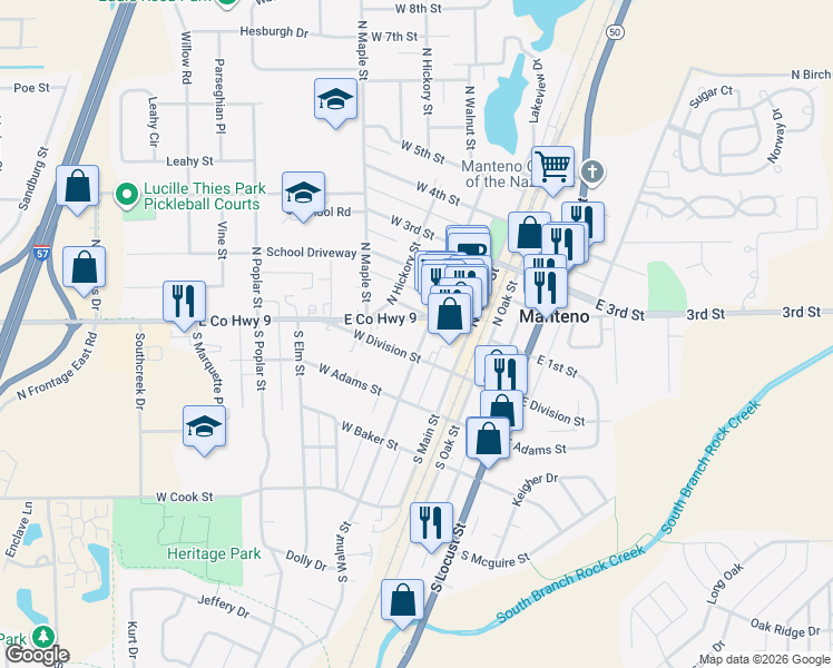 map of restaurants, bars, coffee shops, grocery stores, and more near 31 North Walnut Street in Manteno