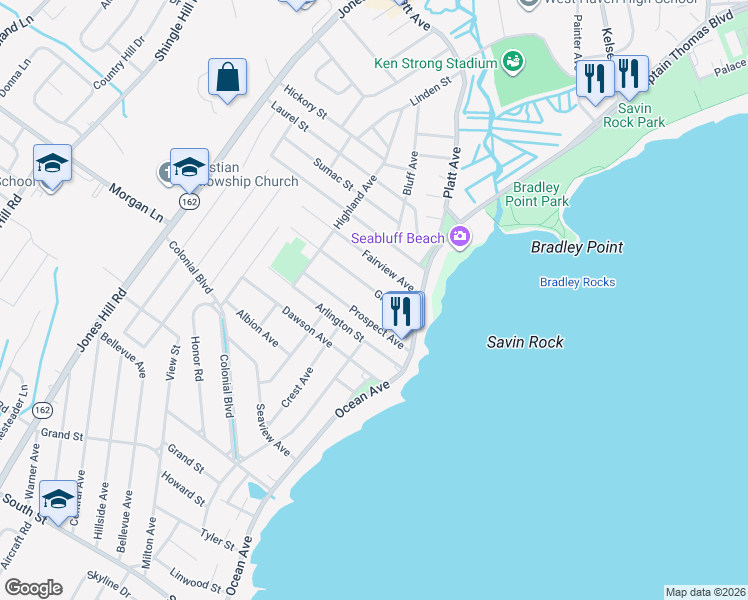 map of restaurants, bars, coffee shops, grocery stores, and more near 33 Grove Place in West Haven