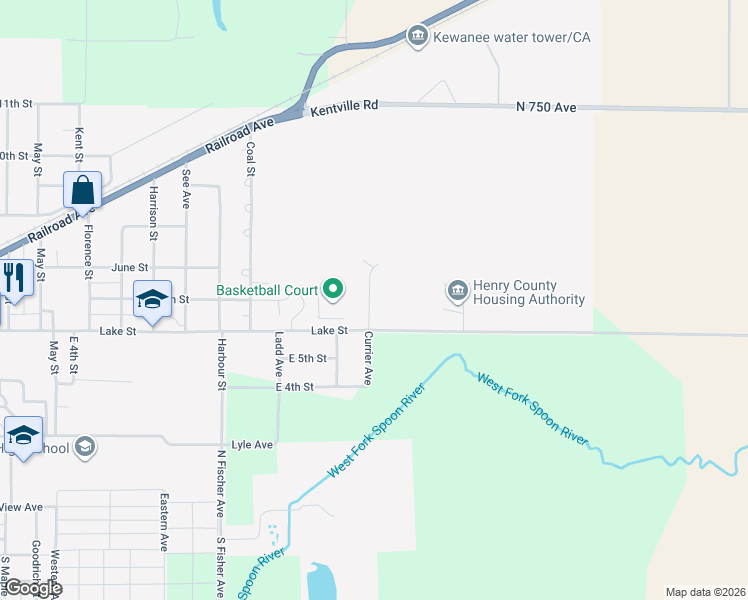 map of restaurants, bars, coffee shops, grocery stores, and more near 624 Manchester Drive in Kewanee