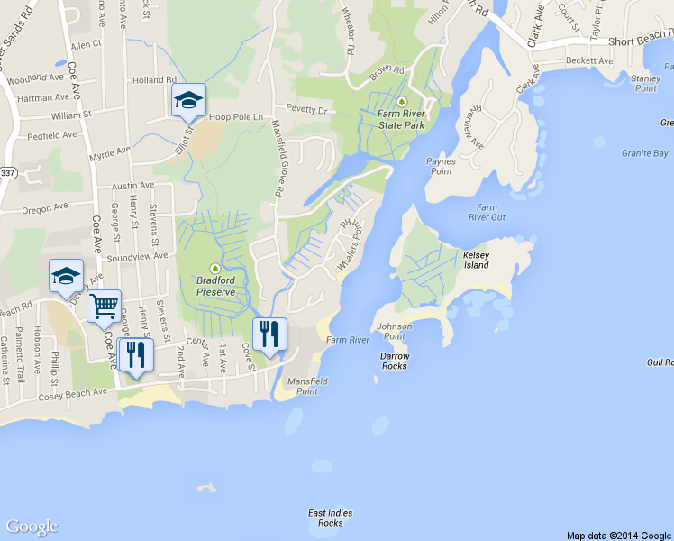 map of restaurants, bars, coffee shops, grocery stores, and more near 27 Whalers Point Road in East Haven