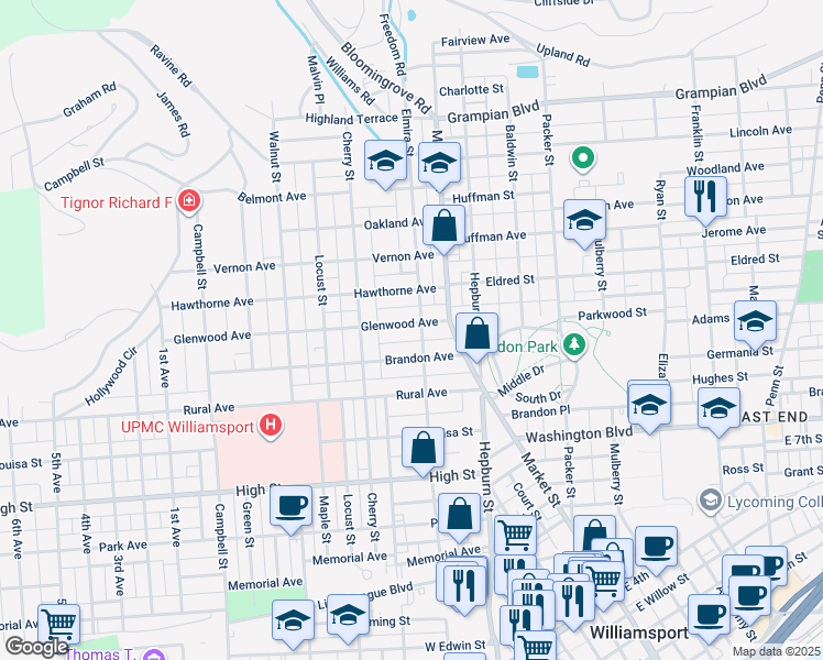 map of restaurants, bars, coffee shops, grocery stores, and more near 403 Glenwood Avenue in Williamsport