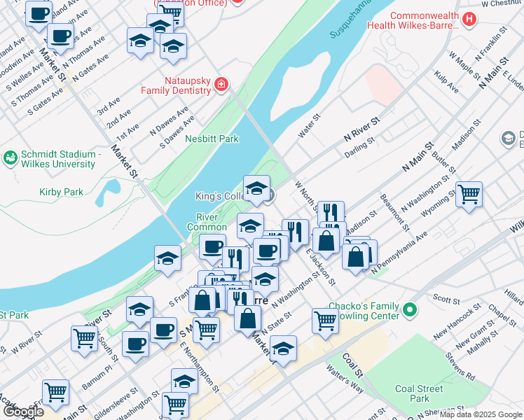 map of restaurants, bars, coffee shops, grocery stores, and more near 133-137 North River Street in Wilkes-Barre