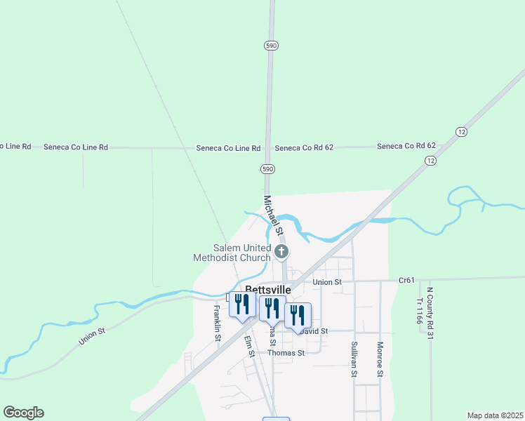 map of restaurants, bars, coffee shops, grocery stores, and more near 1582 Ohio 590 in Burgoon