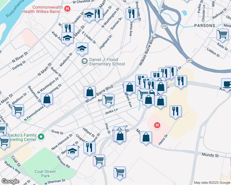 map of restaurants, bars, coffee shops, grocery stores, and more near 16 Laurel Street in Wilkes-Barre