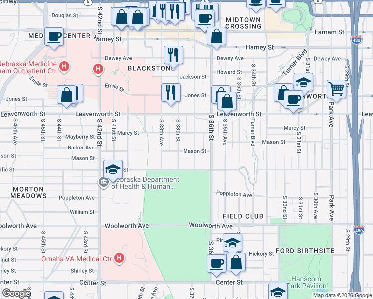 map of restaurants, bars, coffee shops, grocery stores, and more near 3712 Mason Street in Omaha