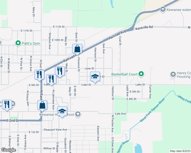 map of restaurants, bars, coffee shops, grocery stores, and more near 1401 East 7th Street in Kewanee