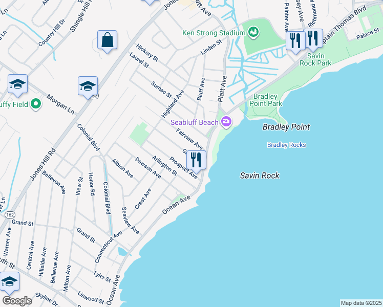map of restaurants, bars, coffee shops, grocery stores, and more near 33 Grove Place in West Haven