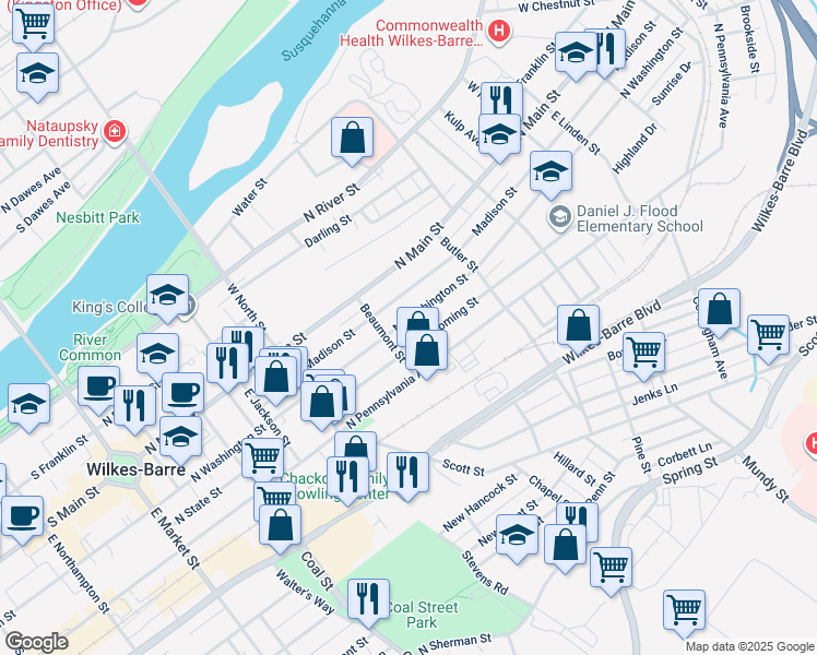map of restaurants, bars, coffee shops, grocery stores, and more near 148 Wyoming Street in Wilkes-Barre