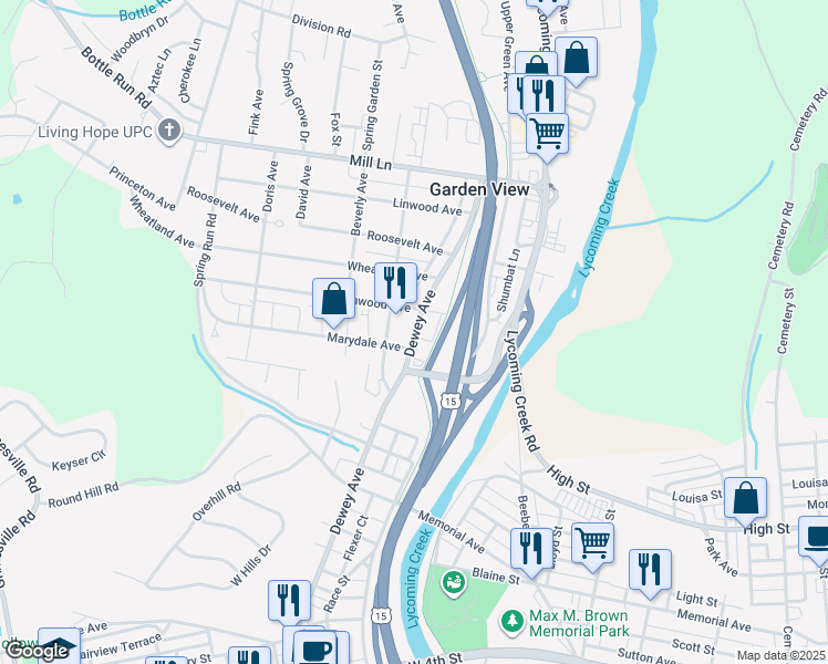 map of restaurants, bars, coffee shops, grocery stores, and more near 1601 Dewey Avenue in Williamsport