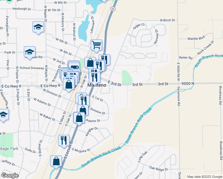 map of restaurants, bars, coffee shops, grocery stores, and more near 182 Birch Court in Manteno