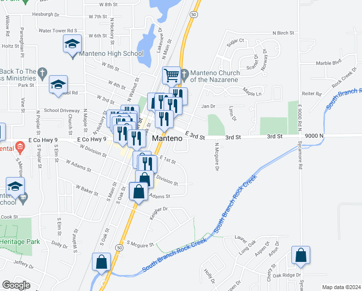 map of restaurants, bars, coffee shops, grocery stores, and more near 182 Birch Court in Manteno