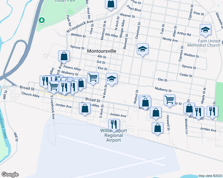 map of restaurants, bars, coffee shops, grocery stores, and more near 100 North Arch Street in Montoursville