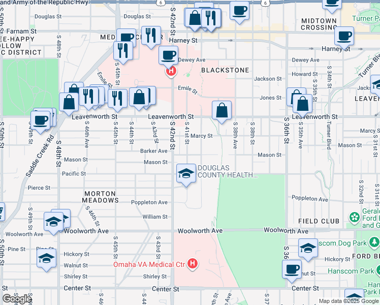 map of restaurants, bars, coffee shops, grocery stores, and more near 931 South 41st Street in Omaha