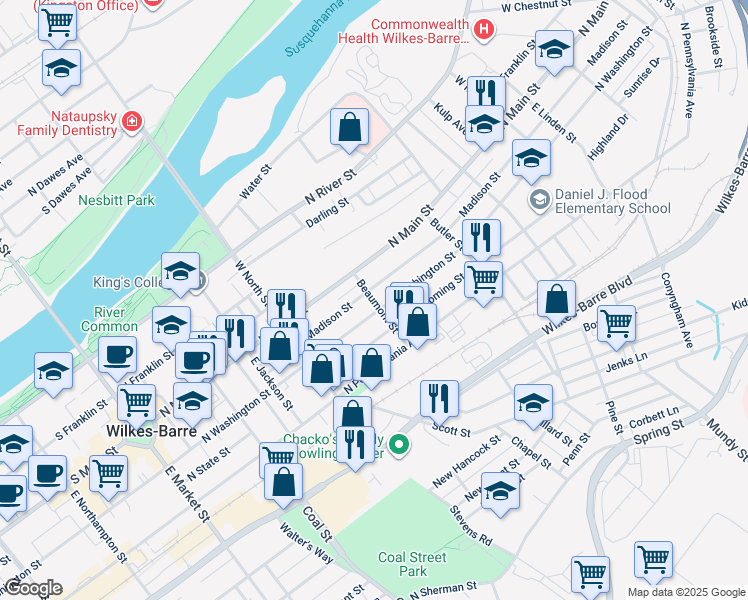 map of restaurants, bars, coffee shops, grocery stores, and more near 38 Beaumont Street in Wilkes-Barre