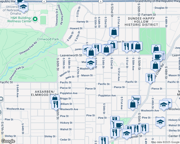 map of restaurants, bars, coffee shops, grocery stores, and more near 5519 Mayberry Street in Omaha