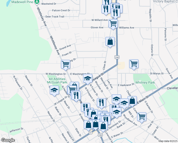 map of restaurants, bars, coffee shops, grocery stores, and more near 31 East Washington Street in Norwalk