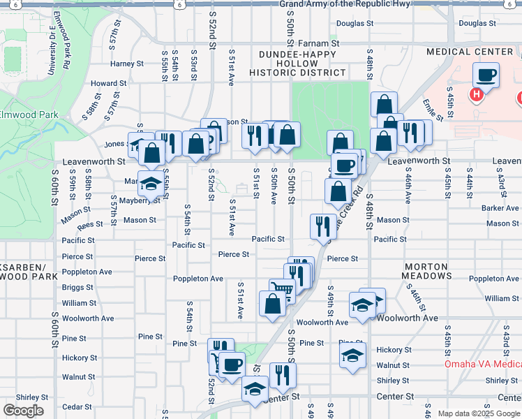 map of restaurants, bars, coffee shops, grocery stores, and more near 5103 Mason Street in Omaha