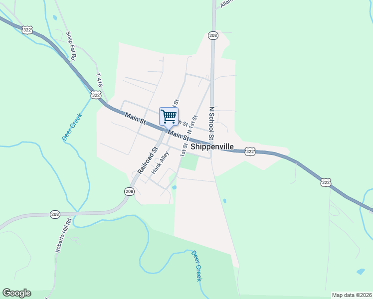 map of restaurants, bars, coffee shops, grocery stores, and more near 400 South Street in Shippenville